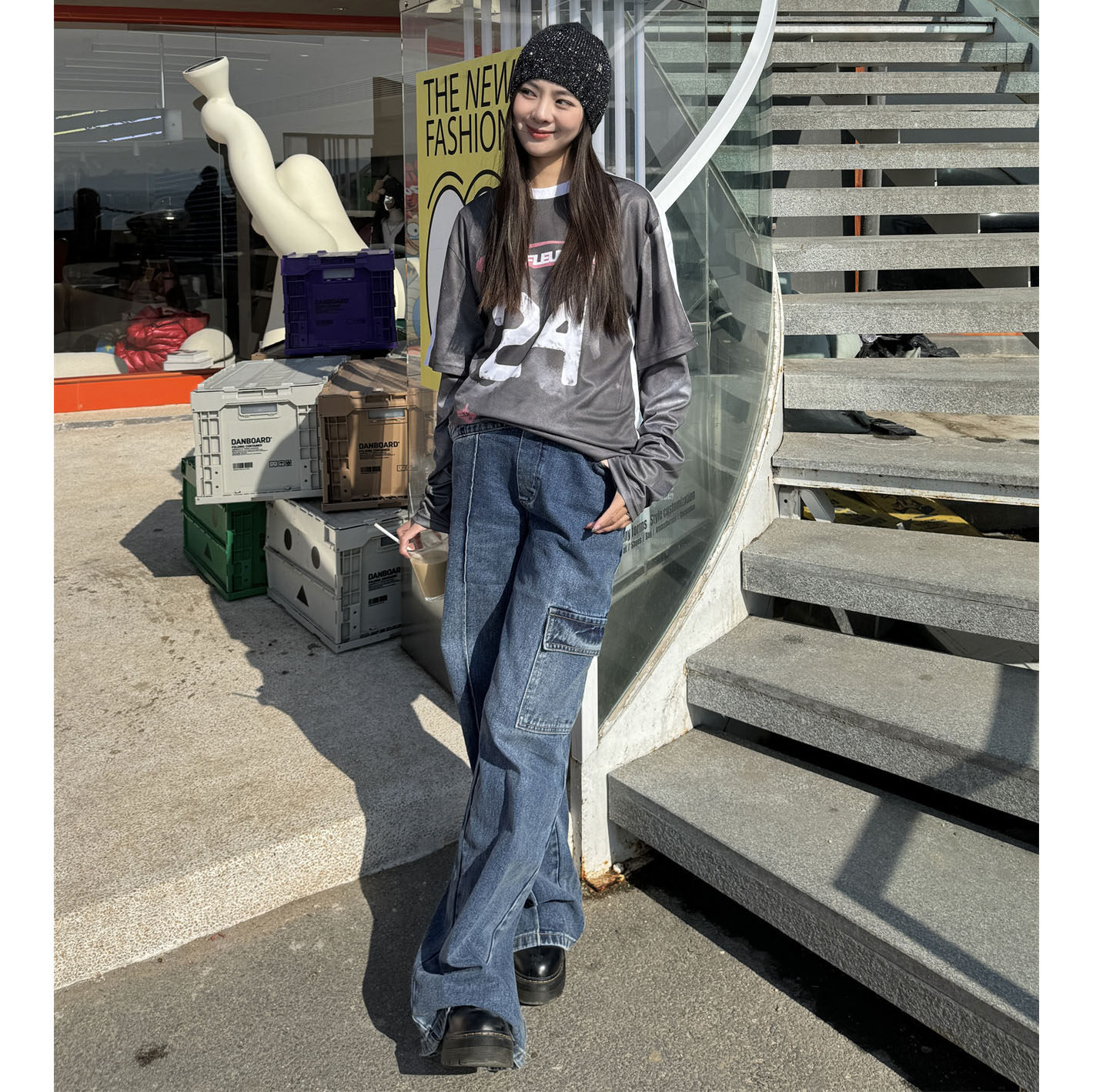 jac fleurant24新款假两件拼袖24号球衣长袖紫色工装裤撞色牛仔裤