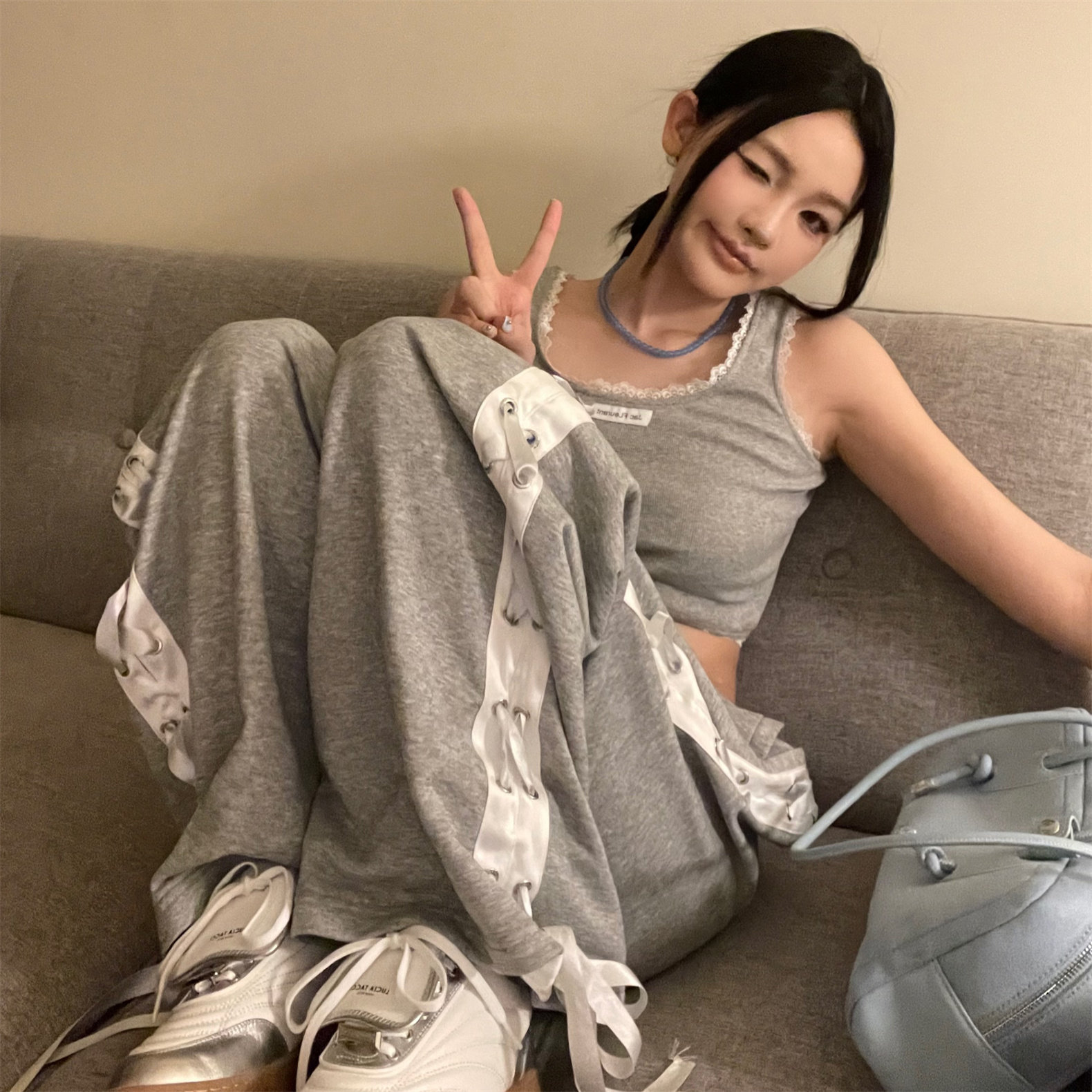 JAC FLEURANT 24夏季蕾丝边背心侧边银色缎带运动裤套装木兰合集