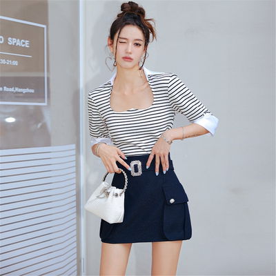 【折】Diana Vevina 春夏新款条纹方领上衣星河方钻大口袋半裙