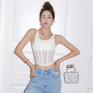 木兰 2R网格拼接镂空鱼骨白色蕾丝胸衣背心牛仔裤 Dion Lee