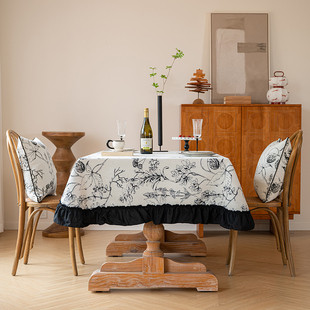 美式简约松果餐桌布雪尼尔法式桌布黑色茶几台布复古轻奢高级感