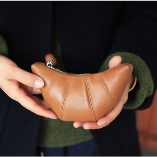 sainkho山叩真皮小化妆包羊皮口红包牛角包收纳包拉链零钱包杂物