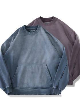 Camdrce × Drive Straight复古水洗喷马骝破坏做旧加绒圆领卫衣