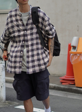 DRIVESTRAIGHT 主线日系复古亨利领短袖格纹插袋休闲宽松衬衫外套