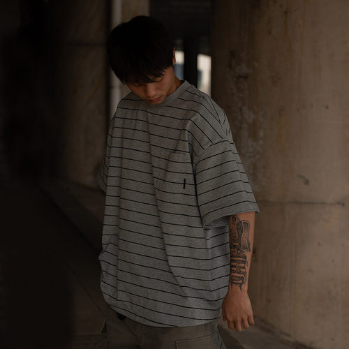 DRIVESTRAIGHT 24SS日系复古不规则条纹宽松短袖男女圆领T恤DSTR