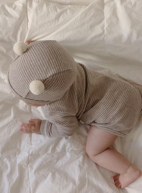 BBABBA韩版2021秋季宝宝条纹三角爬服婴儿连体衣高腰护肚裤子套装