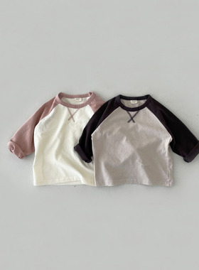 BBABBA韩ins婴幼童装简约撞色休闲长袖T恤春秋宝宝插肩袖棉打底衫