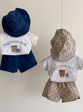 BBABBA韩版ins婴幼童宝宝卡通小熊短袖T恤夏棉半袖条纹T短裤套装