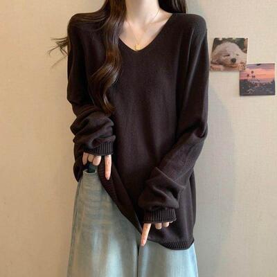 中长版黑领打底针织衫大尺码ZJM-LJH-女装v肚春秋胖mm宽松遮毛衣