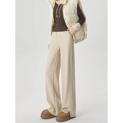 醋酸羊窄毛阔加腿裤女秋毛冬季绒小个子垂感版直筒裤人字纹呢OST