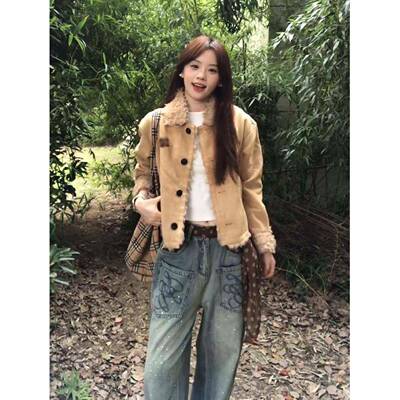 系棉TLP羊羔毛麂皮一体外套女款冬季小个子保短款宽松加绒韩暖翻