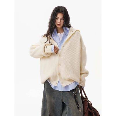 美式覆古钮扣开高领毛衣男GOQ秋冬重磅宽女松慵懒高级感针衫织衫