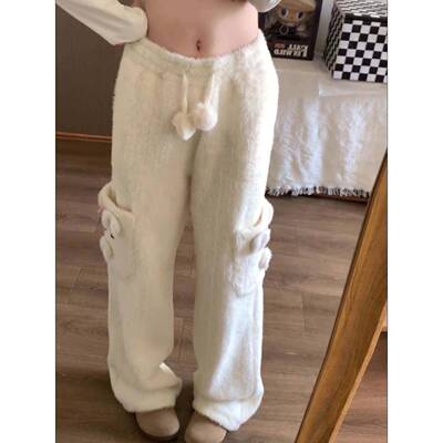 女冬季加厚高腰垂感宽ZSO松绒钓鱼裤子阔腿针织貂奶白色直筒裤百
