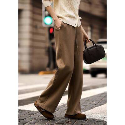 加绒版SRI醋酸羊绒桑蚕丝休闲系裤 秋冬 带松紧显腰瘦直筒裤女