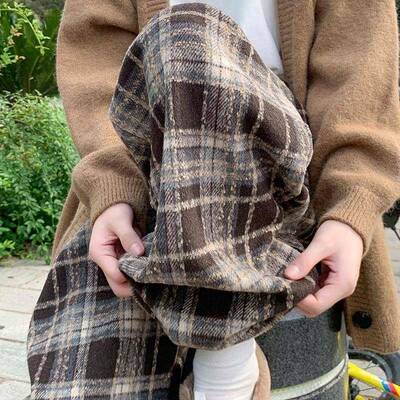 300斤大绒码胖mm加咖格子休闲裤女冬季裤子色显ZMU瘦阔毛腿裤呢棉