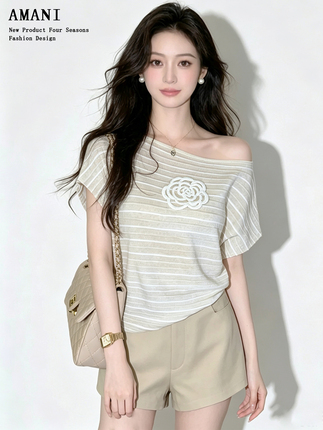 Chanel-Style Off-Shoulder Striped Short-Sleeve T-Shirt for Women, 2026 Summer Design, Elegant and Slimming Knit Top