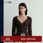 女装 wana V领咖色针织上衣秋季 新款 try慵懒感针织开衫 系带修身