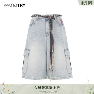 新款 wana 2026夏季 复古水洗多口袋重工刺绣蓝色牛仔中裤 女 try美式