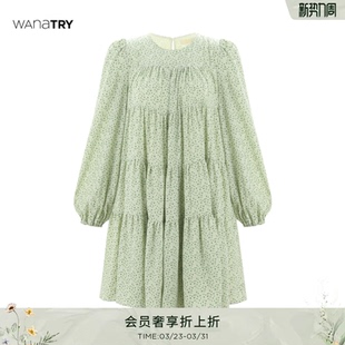 wana try松霜绿温柔甜美风碎花连衣裙