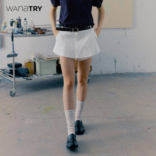 wanatry时髦百搭假两件奶白裙裤