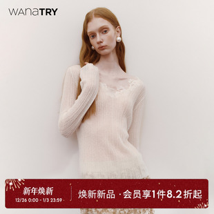 女款 wana 新款 奶白色2025冬季 上衣 try羊毛V领蕾丝花边轻薄打底衫