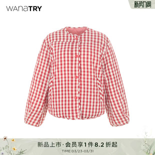 韩系休闲保暖女款 新款 上衣 try可爱圆领格纹外套红色2025冬季 wana