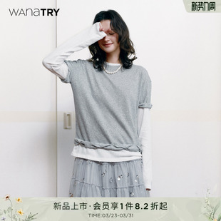 宽松显瘦复古女装 wana try纯棉设计感捏褶花边假两件T恤早春新品