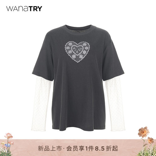 wanatry纯棉蕾丝拼网纱袖T恤