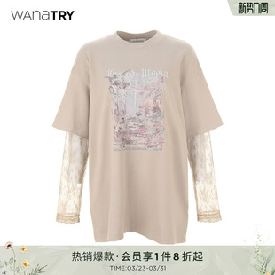 短袖 wana 蕾丝拼接甜酷女款 新款 try假两件复古卡其色T恤2026春季