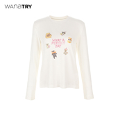简约减龄亲肤长袖 wana try猫咪派对印花柔软舒适百搭T恤早春新品