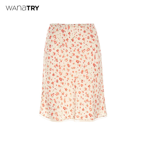 wanatry铜氨丝碎花蕾丝边半身裙