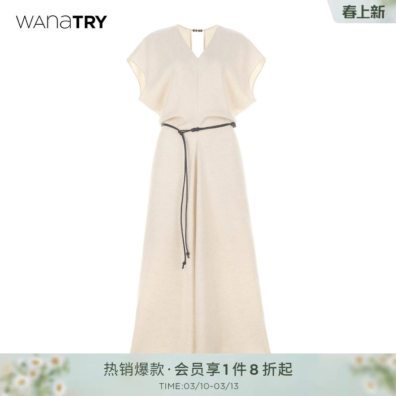 wana try设计感无袖杏色连衣裙含腰带2026夏季新款简约女款长裙