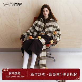 女米咖俏皮减龄外搭 新款 wana try羊毛格纹外套可拆卸围巾上衣冬季