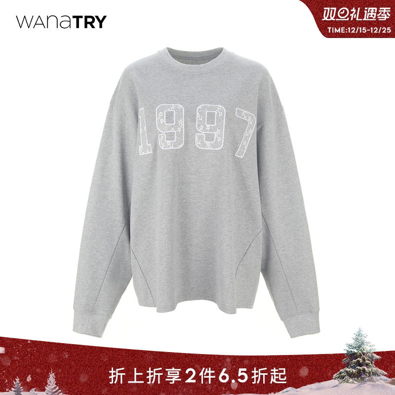 wanatry蕾丝刺绣轻薄浅花灰卫衣