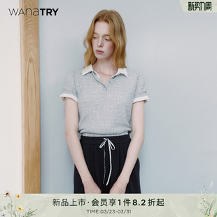 try亚麻绞花翻领显瘦上衣早春新品 wana 简约polo短袖 明星同款