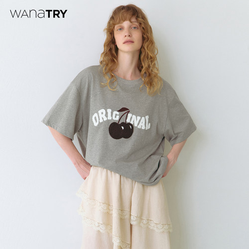 wanatry灰色植绒樱桃T恤