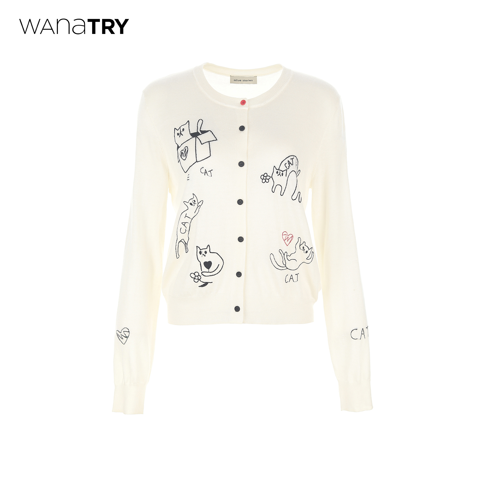 wanatry米白色印花针织开衫