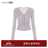 长袖 wana 新款 简约气质女款 try条纹修身 抽褶紫色温柔上衣2025秋季