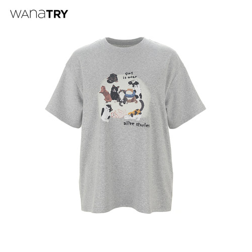 wanatry灰色猫咪可爱休闲T恤
