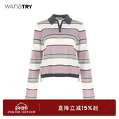 try亚麻条纹Polo领紫色针织上衣2025秋季 新款 百搭女款 wana 长袖