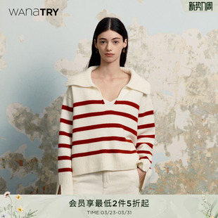 女装 wana try100%绵羊毛毛衣红色复古慵懒条纹上衣宽松翻领针织衫