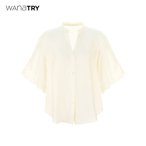 wanatry杏色法式V领醋酸衬衫