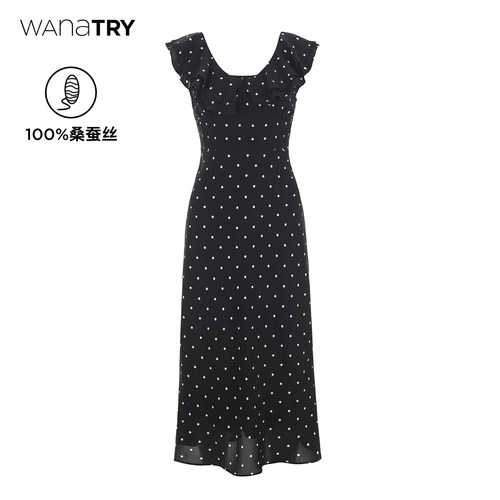 wanatry100%桑蚕丝波点连衣裙