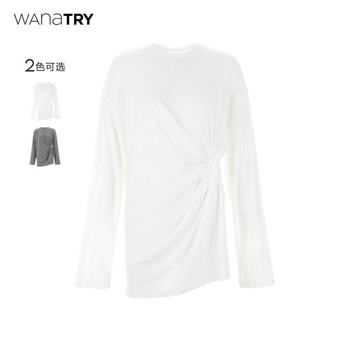 wanatry白色腰扭结全棉百搭上衣