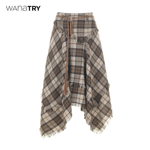 wanatry绵羊毛格子流苏设计半裙