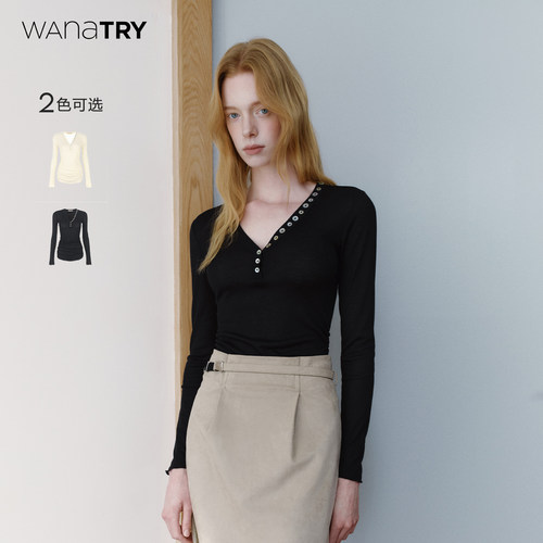 wanatry纽扣装饰v领打底上衣