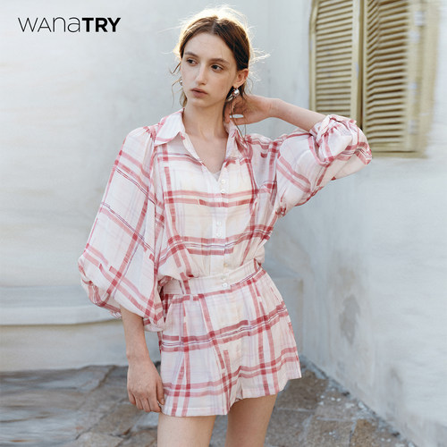 wanatry格纹宫廷袖衬衫短裤套装