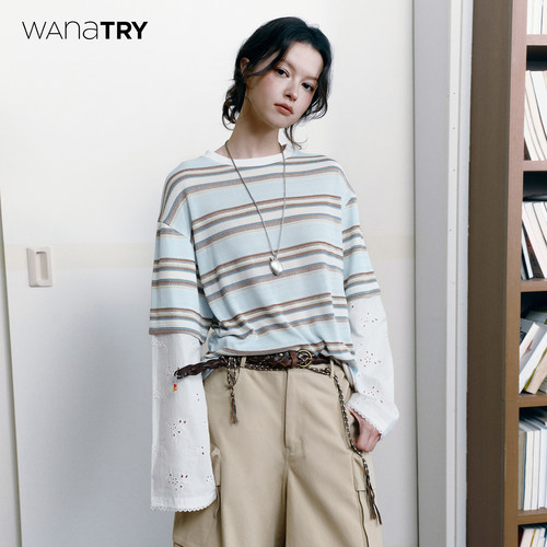 wanatry条纹拼刺绣镂空袖子T恤