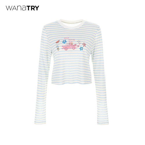 wanatry莱赛尔条纹印花钉珠T恤