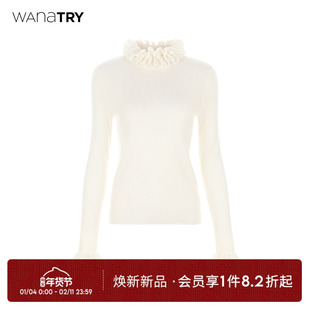 wana try羊毛花边领显瘦百搭针织上衣白色2025冬季新款女款内搭